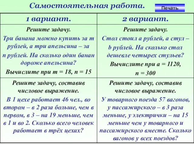 Самостоятельная работа. Печать