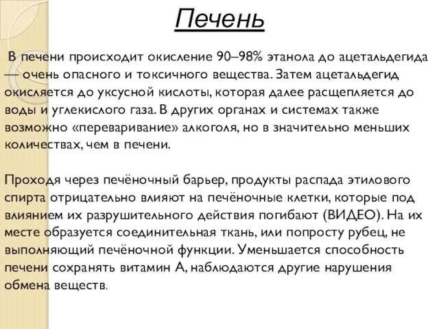 Печень В печени происходит окисление 90–98% этанола до ацетальдегида — очень опасного