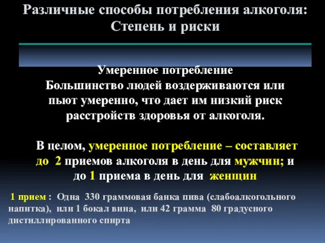 Различные способы потребления алкоголя: Степень и риски Умеренное потребление Большинство людей воздерживаются