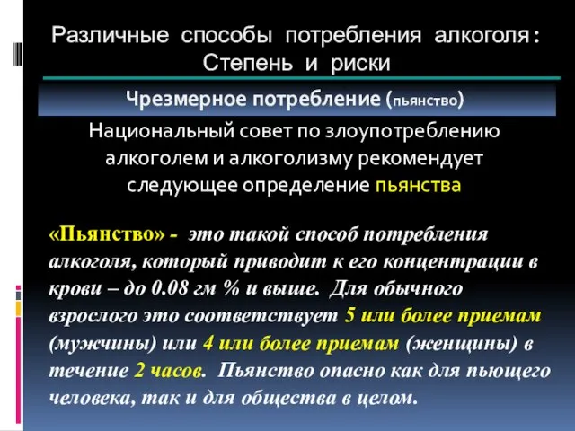 Различные способы потребления алкоголя: Степень и риски Чрезмерное потребление (пьянство) Национальный совет