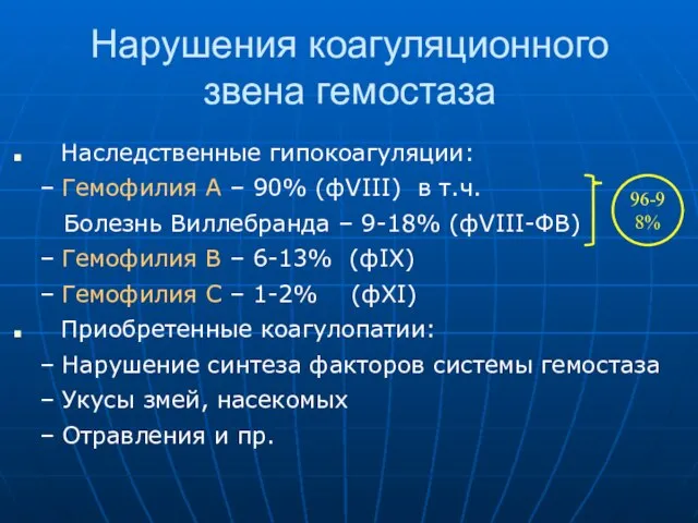 Нарушения коагуляционного звена гемостаза Наследственные гипокоагуляции: – Гемофилия А – 90% (фVIII)