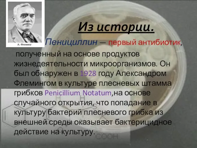 Из истории. Пенициллин — первый антибиотик, полученный на основе продуктов жизнедеятельности микроорганизмов.