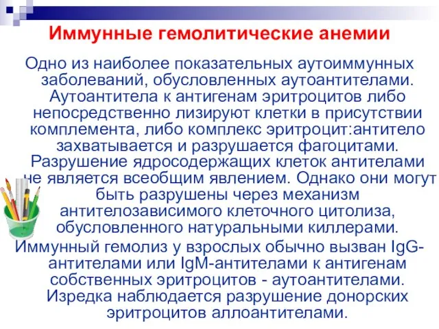 Иммунные гемолитические анемии Одно из наиболее показательных аутоиммунных заболеваний, обусловленных аутоантителами. Аутоантитела