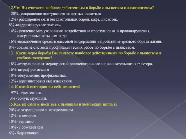 12.Что Вы считаете наиболее действенным в борьбе с пьянством и алкоголизмом? 20%-