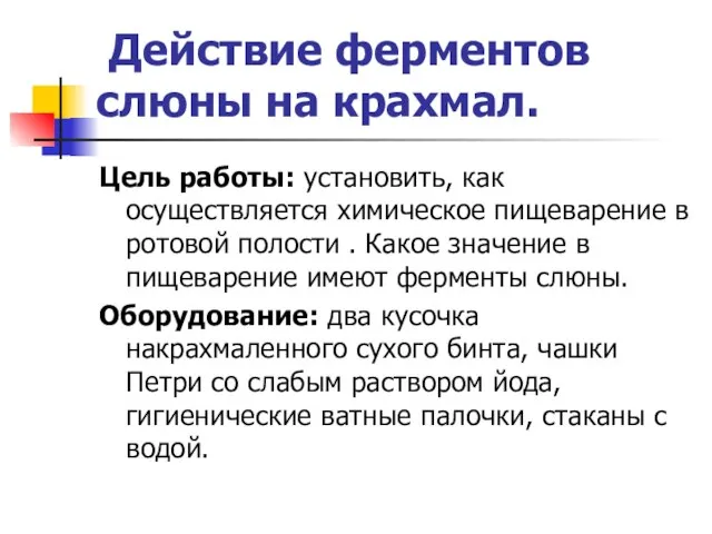 Действие ферментов слюны на крахмал. Цель работы: установить, как осуществляется химическое пищеварение