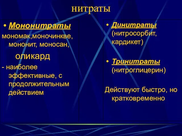 нитраты Мононитраты мономак,моночинкве,мононит, моносан, оликард - наиболее эффективные, с продолжительным действием Динитраты