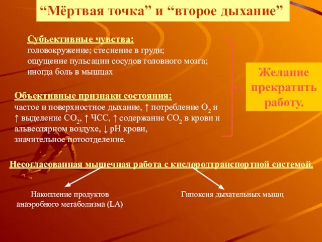 “Мёртвая точка” и “второе дыхание” Субъективные чувства: головокружение; стеснение в груди; ощущение