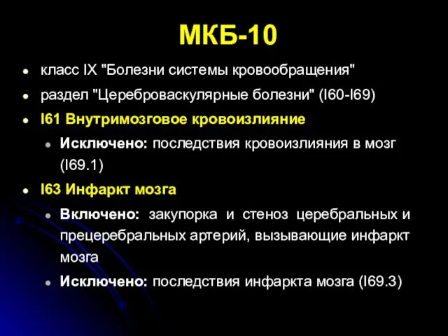 МКБ-10 класс IX "Болезни системы кровообращения" раздел "Цереброваскулярные болезни" (I60-I69) I61 Внутримозговое