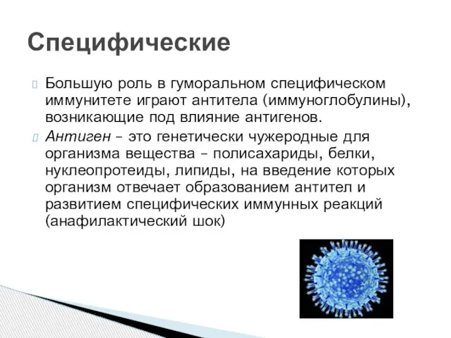 Большую роль в гуморальном специфическом иммунитете играют антитела (иммуноглобулины), возникающие под влияние