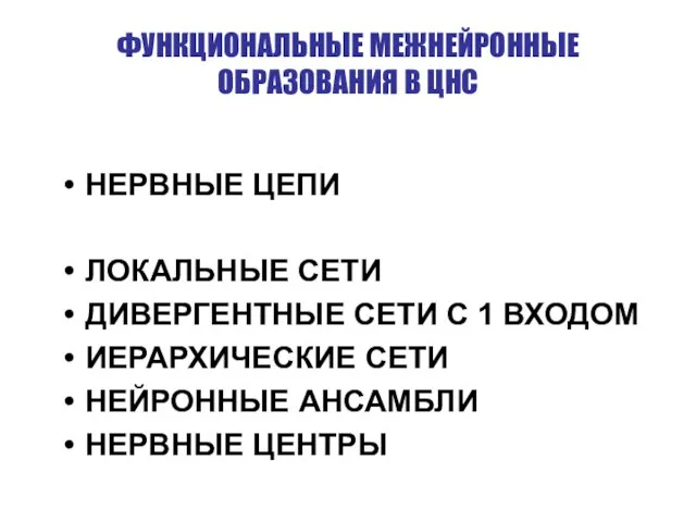 ФУНКЦИОНАЛЬНЫЕ МЕЖНЕЙРОННЫЕ ОБРАЗОВАНИЯ В ЦНС НЕРВНЫЕ ЦЕПИ ЛОКАЛЬНЫЕ СЕТИ ДИВЕРГЕНТНЫЕ СЕТИ С