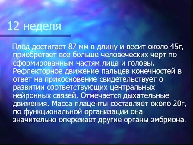 12 неделя Плод достигает 87 мм в длину и весит около 45г,