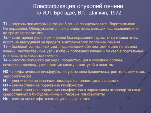 Классификация опухолей печени по И.Л. Брегадзе, В.С. Шапкин, 1972 Т1 – опухоль