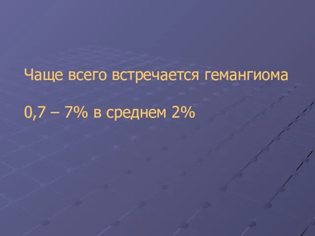 Чаще всего встречается гемангиома 0,7 – 7% в среднем 2%