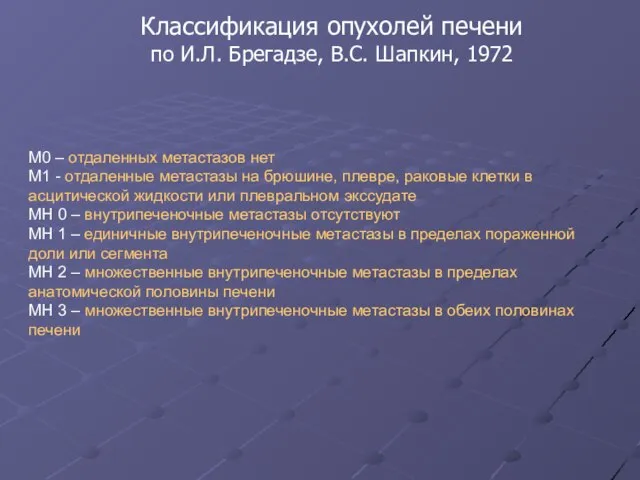 Классификация опухолей печени по И.Л. Брегадзе, В.С. Шапкин, 1972 М0 – отдаленных