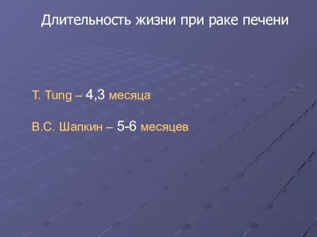 Длительность жизни при раке печени T. Tung – 4,3 месяца В.С. Шапкин – 5-6 месяцев