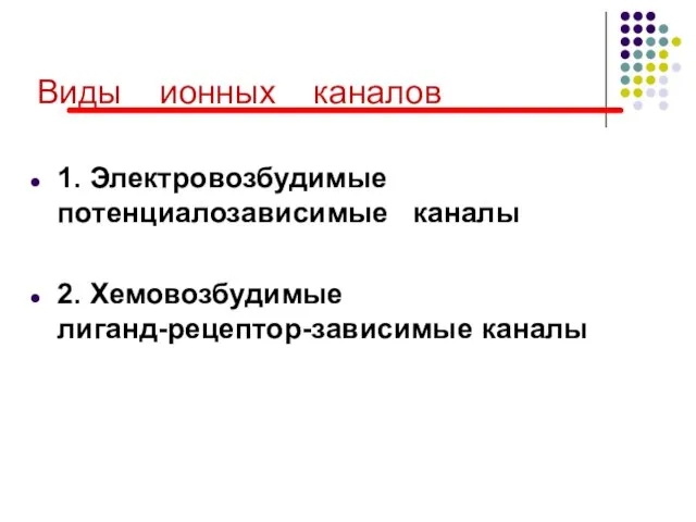 Виды ионных каналов 1. Электровозбудимые потенциалозависимые каналы 2. Хемовозбудимые лиганд-рецептор-зависимые каналы