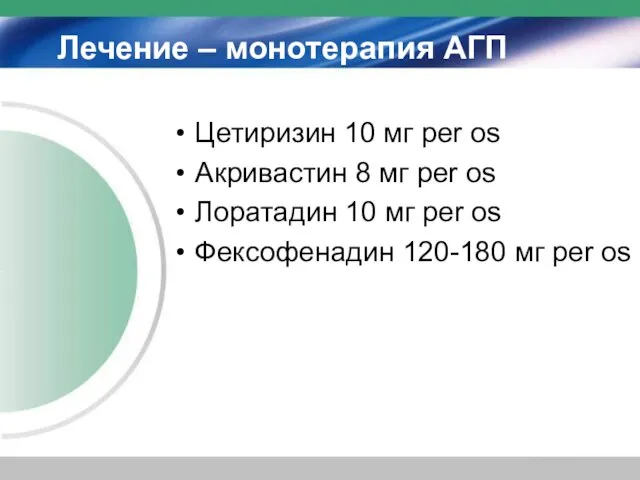 Лечение – монотерапия АГП Цетиризин 10 мг per os Акривастин 8 мг