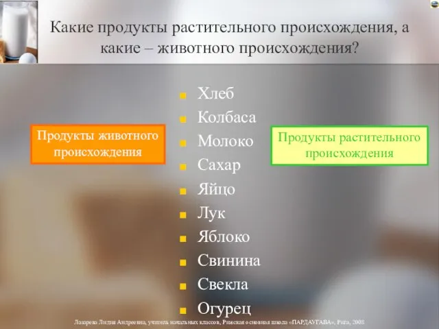 Какие продукты растительного происхождения, а какие – животного происхождения? Хлеб Колбаса Молоко