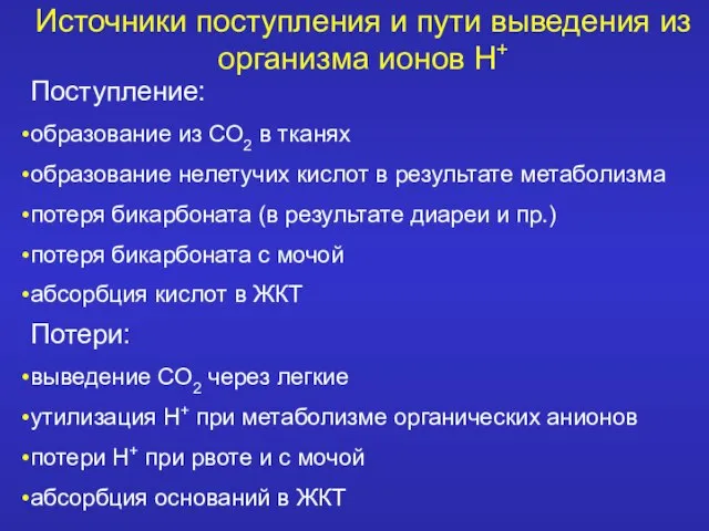 Источники поступления и пути выведения из организма ионов Н+ Поступление: образование из