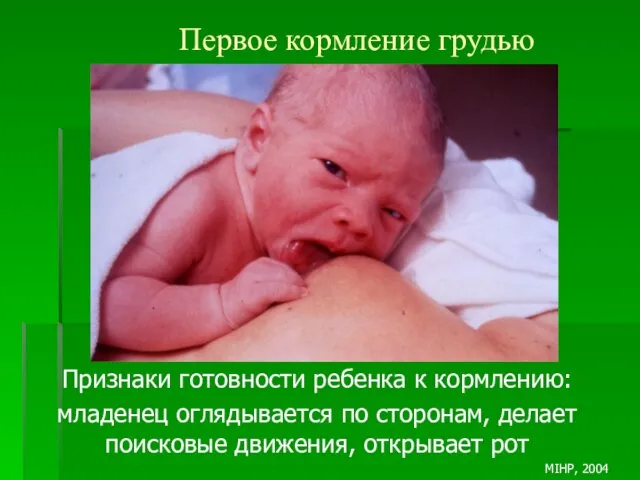 Первое кормление грудью Признаки готовности ребенка к кормлению: младенец оглядывается по сторонам,