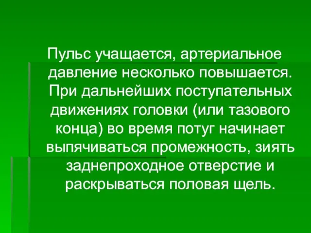 Пульс учащается, артериальное давление несколько повышается. При дальнейших поступательных движениях головки (или