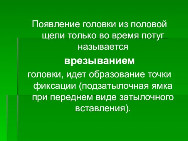 Появление головки из половой щели только во время потуг называется врезыванием головки,