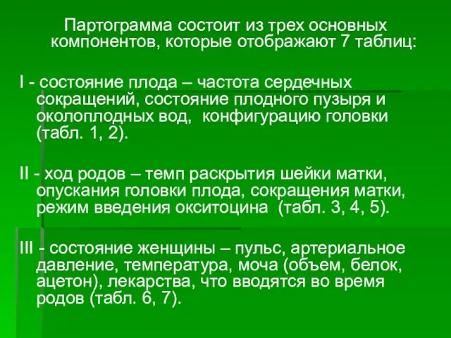 Партограмма состоит из трех основных компонентов, которые отображают 7 таблиц: І -