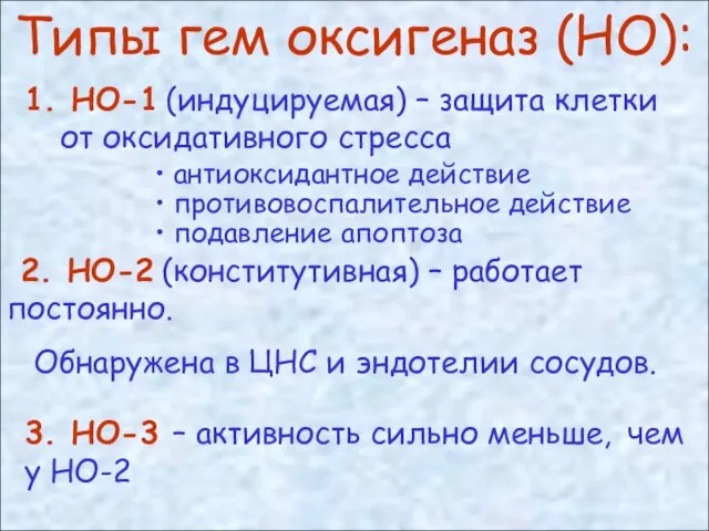 Типы гем оксигеназ (НО): 1. НО-1 (индуцируемая) – защита клетки от оксидативного