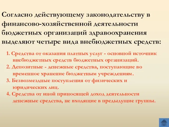 Согласно действующему законодательству в финансово-хозяйственной деятельности бюджетных организаций здравоохранения выделяют четыре вида