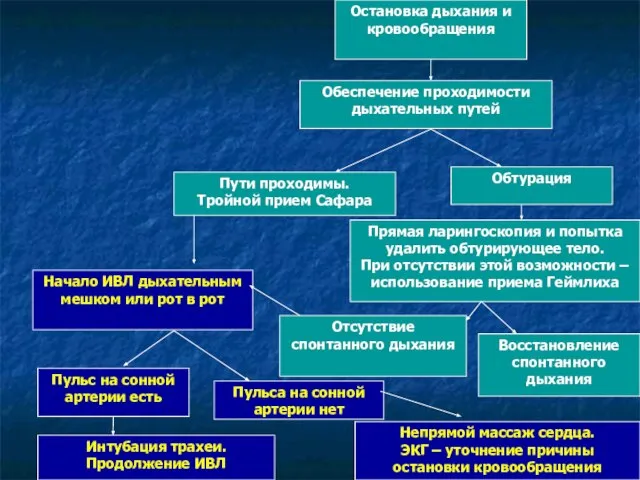 Начало ИВЛ дыхательным мешком или рот в рот Остановка дыхания и кровообращения