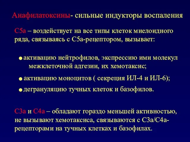 Анафилатоксины- сильные индукторы воспаления С5a – воздействует на все типы клеток миелоидного