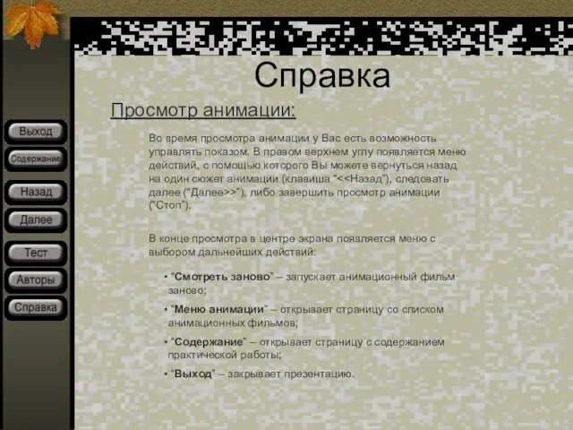 Справка Просмотр анимации: Во время просмотра анимации у Вас есть возможность управлять