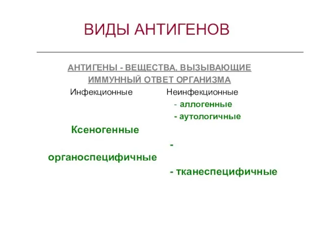 ВИДЫ АНТИГЕНОВ АНТИГЕНЫ - ВЕЩЕСТВА, ВЫЗЫВАЮЩИЕ ИММУННЫЙ ОТВЕТ ОРГАНИЗМА Инфекционные Неинфекционные -