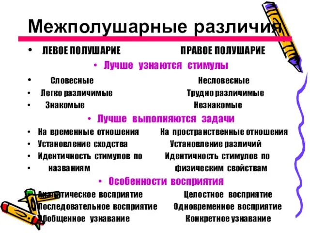 Межполушарные различия ЛЕВОЕ ПОЛУШАРИЕ ПРАВОЕ ПОЛУШАРИЕ Лучше узнаются стимулы Словесные Несловесные Легко