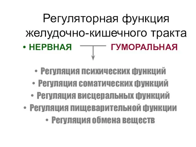 Регуляторная функция желудочно-кишечного тракта НЕРВНАЯ ГУМОРАЛЬНАЯ Регуляция психических функций Регуляция соматических функций