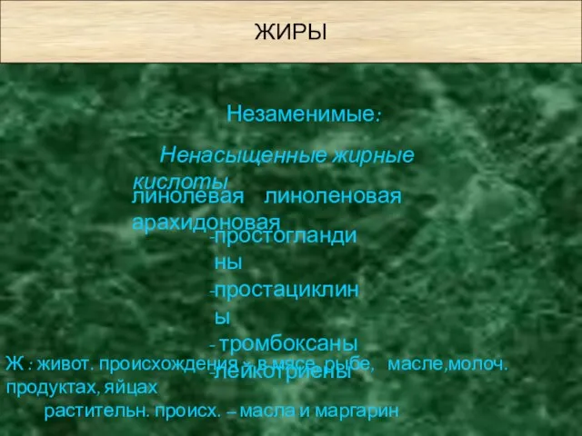 ЖИРЫ Незаменимые: линолевая линоленовая арахидоновая Ненасыщенные жирные кислоты простогландины простациклины тромбоксаны лейкотриены