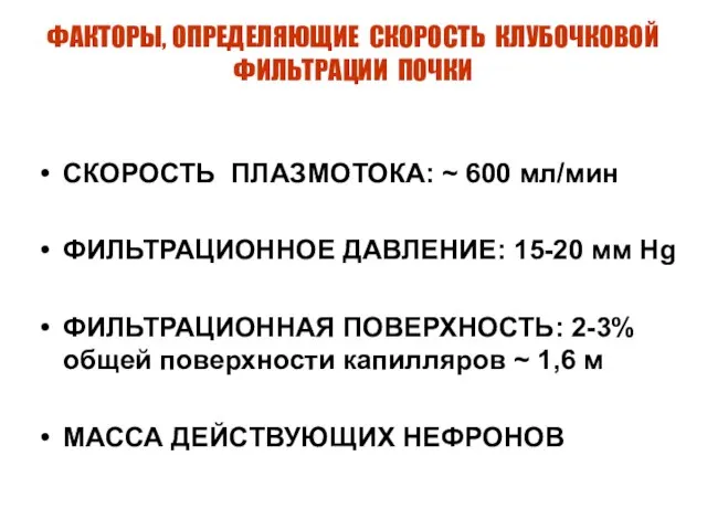 ФАКТОРЫ, ОПРЕДЕЛЯЮЩИЕ СКОРОСТЬ КЛУБОЧКОВОЙ ФИЛЬТРАЦИИ ПОЧКИ СКОРОСТЬ ПЛАЗМОТОКА: ~ 600 мл/мин ФИЛЬТРАЦИОННОЕ