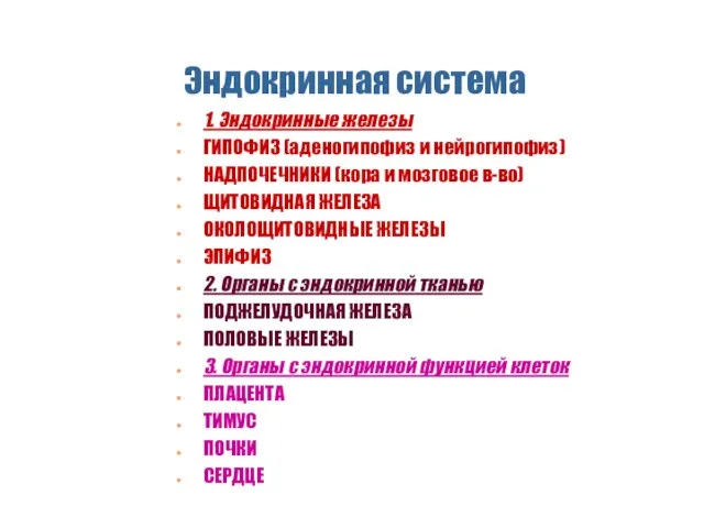 Эндокринная система 1. Эндокринные железы ГИПОФИЗ (аденогипофиз и нейрогипофиз) НАДПОЧЕЧНИКИ (кора и