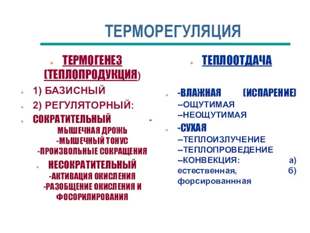 ТЕРМОГЕНЕЗ (ТЕПЛОПРОДУКЦИЯ) 1) БАЗИСНЫЙ 2) РЕГУЛЯТОРНЫЙ: СОКРАТИТЕЛЬНЫЙ -МЫШЕЧНАЯ ДРОЖЬ -МЫШЕЧНЫЙ ТОНУС -ПРОИЗВОЛЬНЫЕ