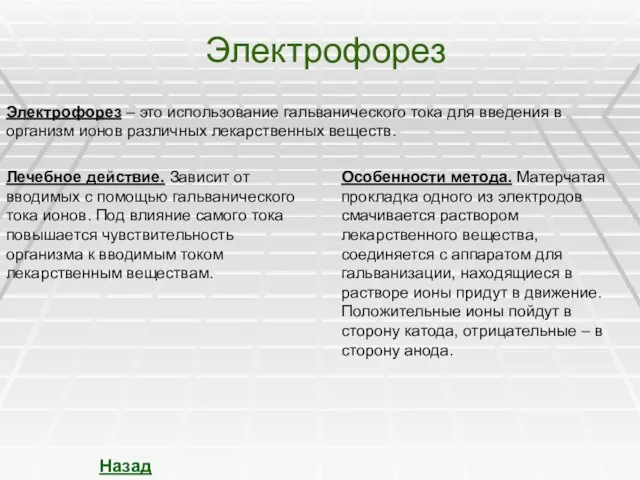 Электрофорез Электрофорез – это использование гальванического тока для введения в организм ионов