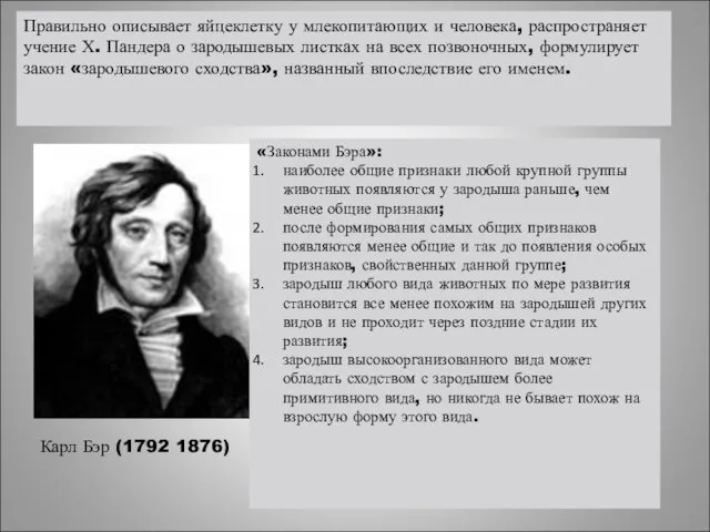 Правильно описывает яйцеклетку у млекопитающих и человека, распространяет учение Х. Пандера о