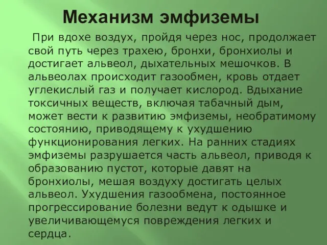 Механизм эмфиземы При вдохе воздух, пройдя через нос, продолжает свой путь через