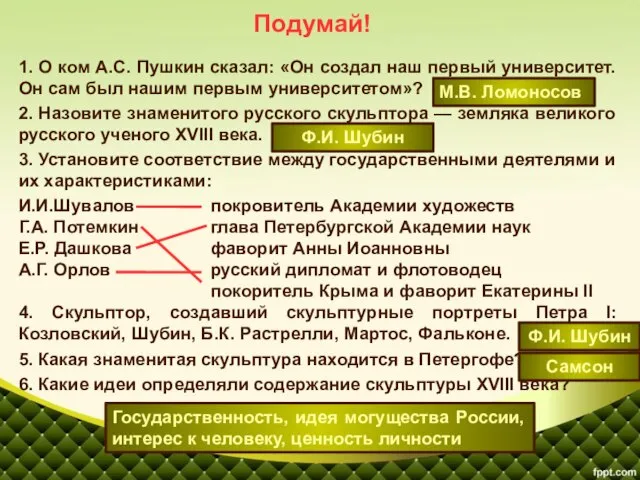 1. О ком А.С. Пушкин сказал: «Он создал наш первый университет. Он