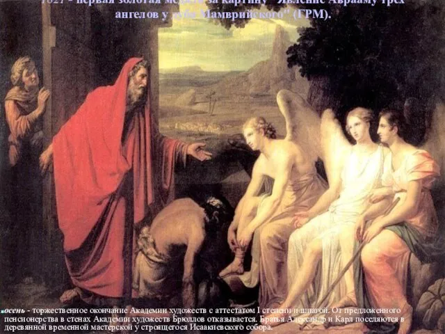 1821 - первая золотая медаль за картину "Явление Аврааму трех ангелов у