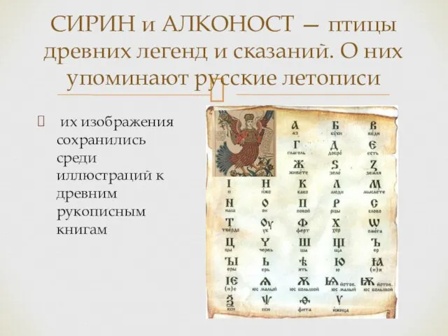 их изображения сохранились среди иллюстраций к древним рукописным книгам СИРИН и АЛКОНОСТ