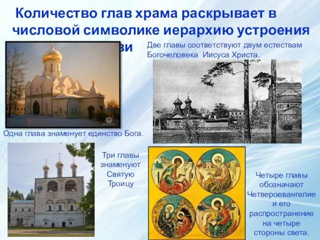 Количество глав храма раскрывает в числовой символике иерархию устроения небесной Церкви Три