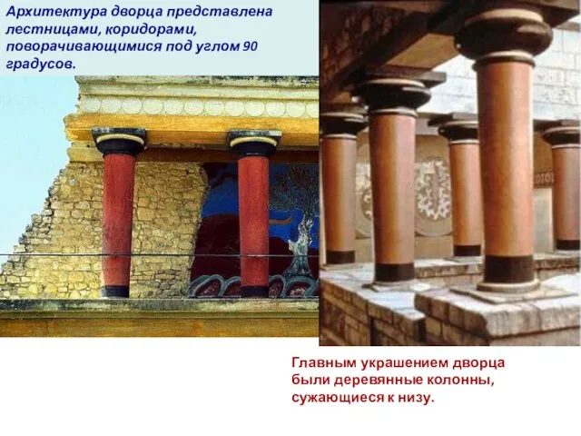 Главным украшением дворца были деревянные колонны, сужающиеся к низу. Архитектура дворца представлена