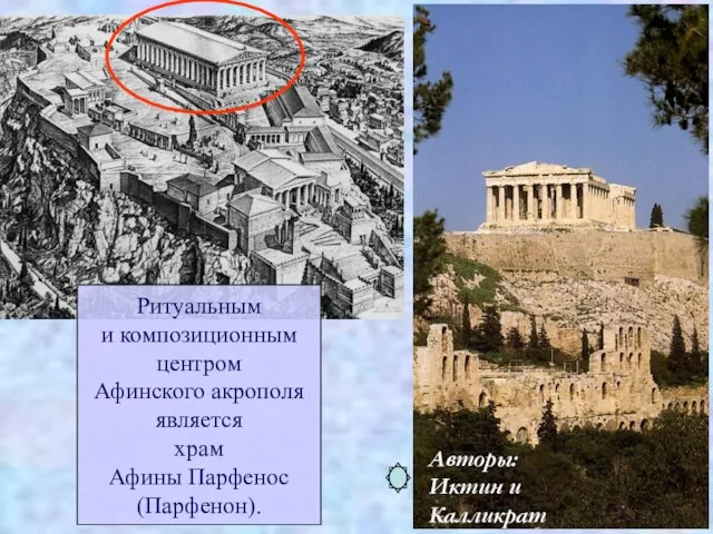Ритуальным и композиционным центром Афинского акрополя является храм Афины Парфенос (Парфенон). Авторы: Иктин и Калликрат