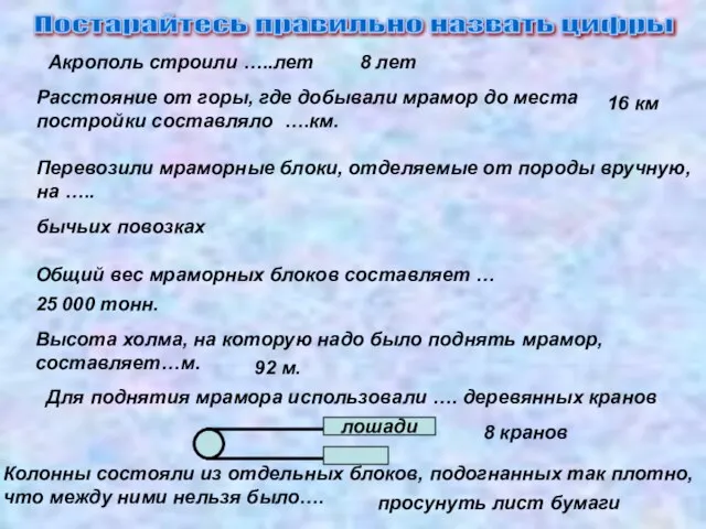 Постарайтесь правильно назвать цифры Акрополь строили …..лет 8 лет Расстояние от горы,