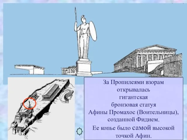 За Пропилеями взорам открывалась гигантская бронзовая статуя Афины Промахос (Воительницы), созданной Фидием.
